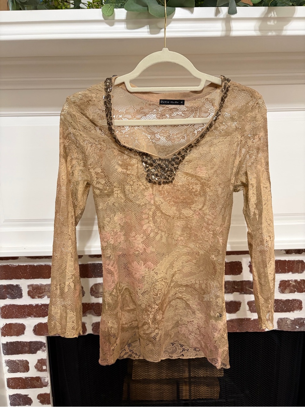 VTG Y2K David Cline Tan Sheer Lace Rhinestone Top M